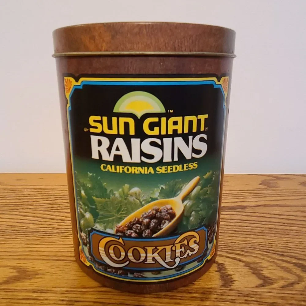 Retro Vintage Tin Sun Giant Raisins Advertising Cookie Tin Canister by Cheinco
